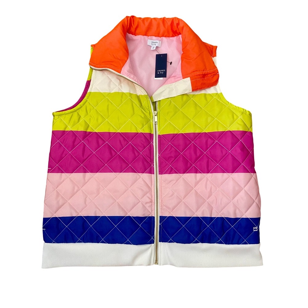 NWT Crown & Ivy XL Quilted Puffer Vest Multi-Color Striped Full Zip Mock Neck